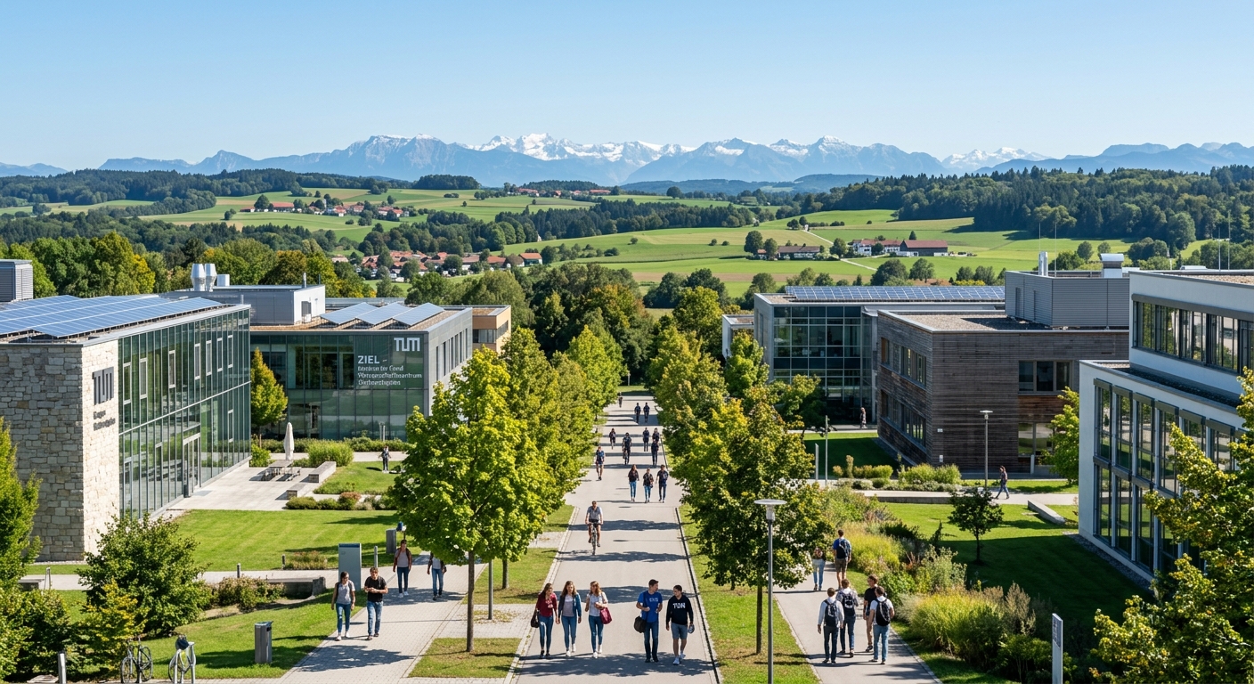 TUM Weihenstephan campus with modern laboratory buildings surrounded by green Bavarian landscape, students walking along tree-lined paths, clear sky with Alps visible in the background
