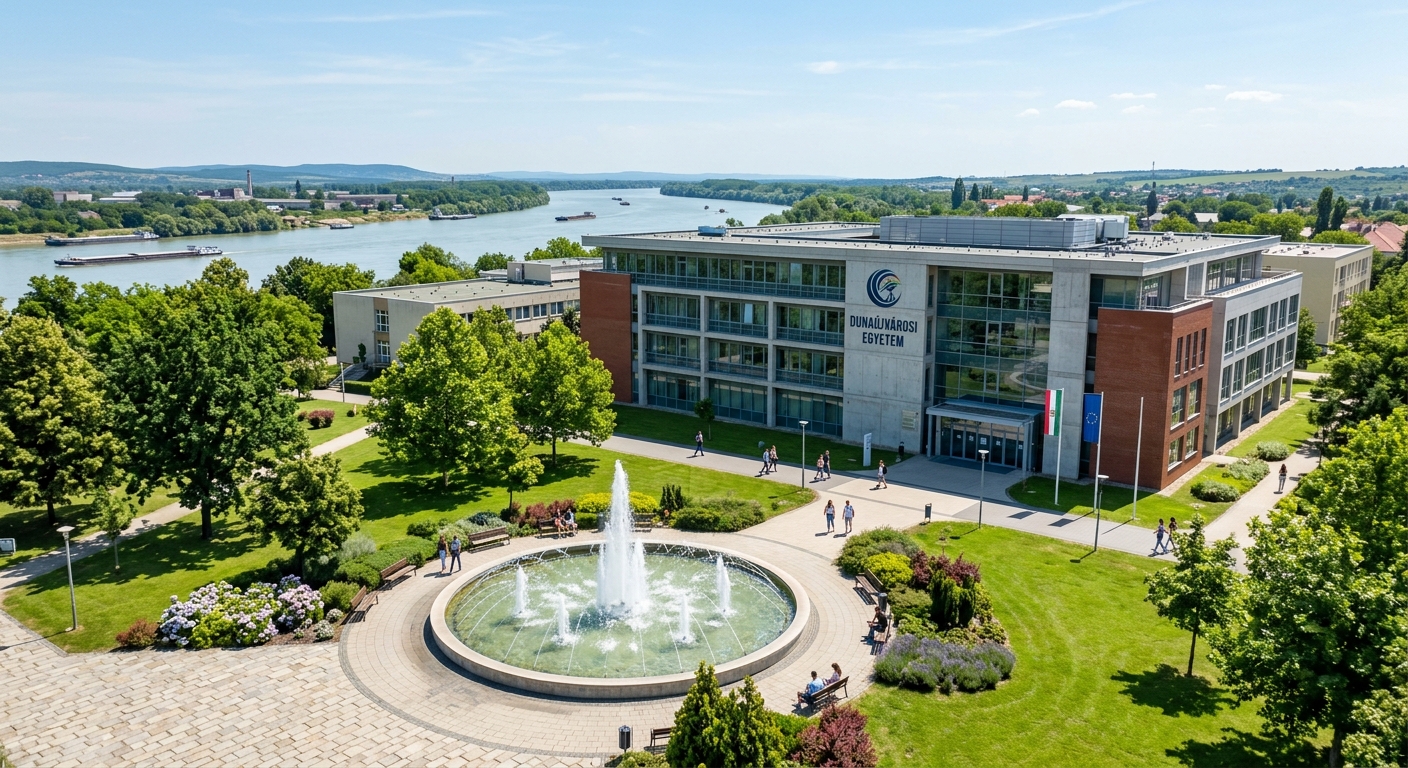 University of Dunaújváros modern campus buildings with green park area and fountain in front of the main building, Danube River visible in background, clear sky, Central Hungary