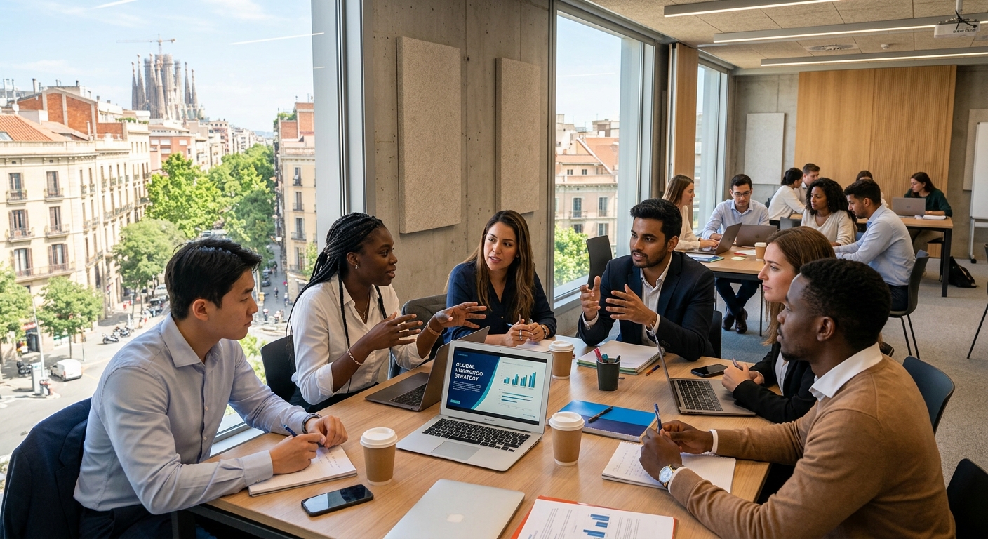 Modern business school campus in Barcelona with diverse international students collaborating on communication projects, Mediterranean architecture visible through large windows, warm natural light filling a contemporary seminar room