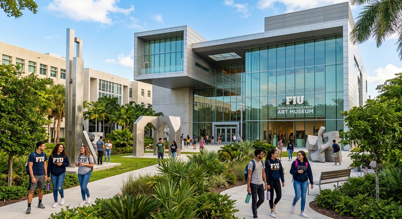 FIU Patricia and Phillip Frost Art Museum modern architecture, glass facade, sculpture garden, students exploring exhibits