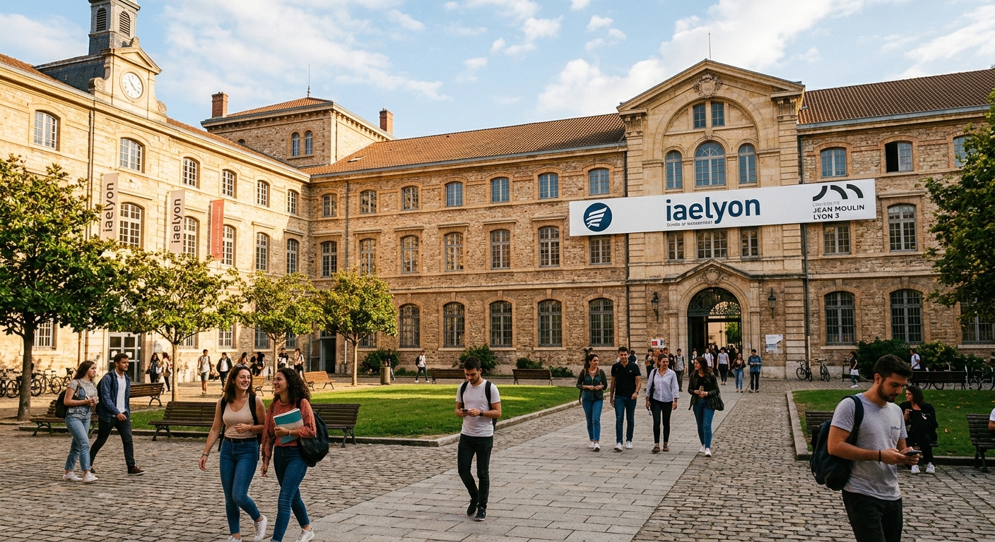 Historic Manufacture des Tabacs campus building in Lyon, France, with students walking through the courtyard, warm sunlight illuminating the stone facade, iaelyon School of Management signage visible