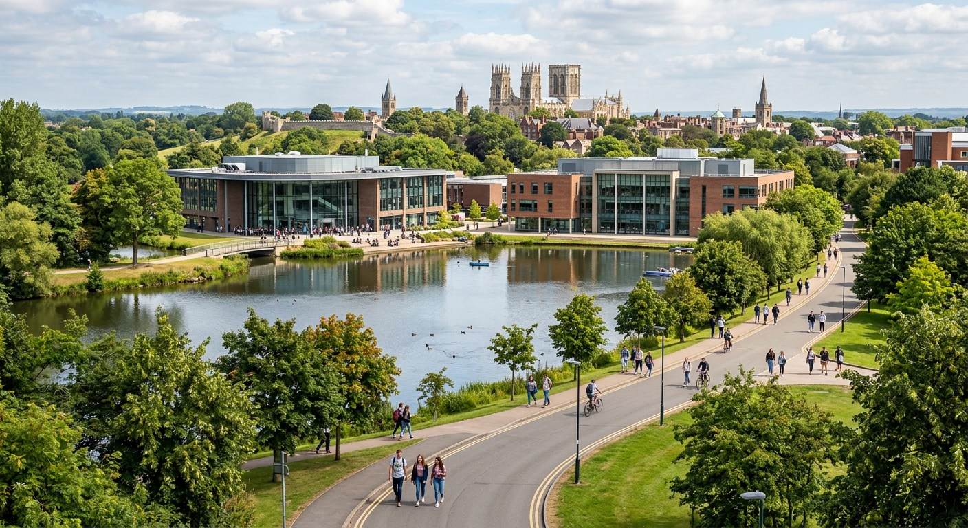 University of York campus with modern academic buildings surrounded by green parkland and a lake, students walking along tree-lined paths in the historic city of York, England
