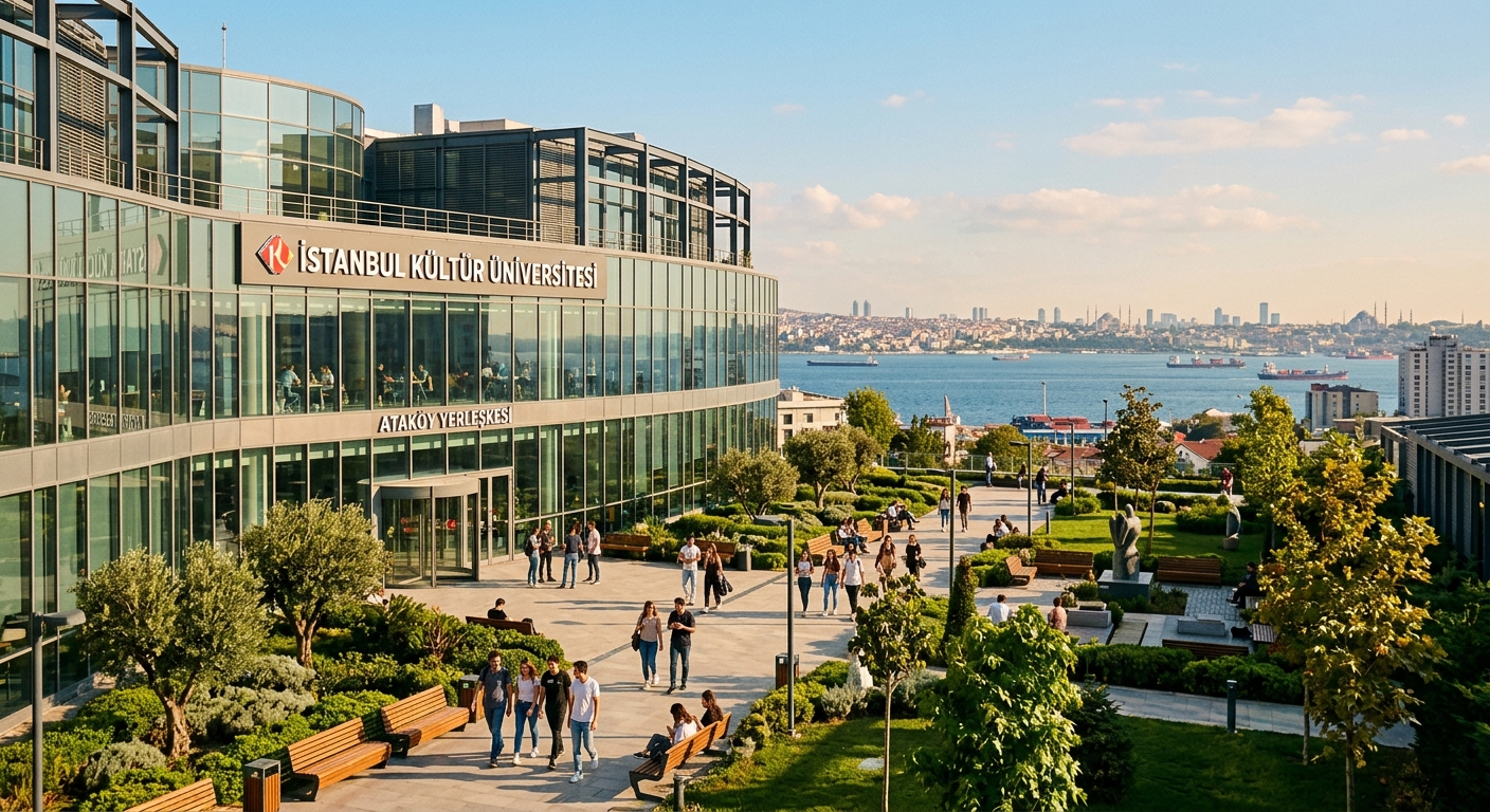 Modern architectural campus building at Istanbul Kültür University Ataköy Campus with glass facades, students walking through landscaped courtyard, Istanbul skyline with Marmara Sea visible in background, warm afternoon light