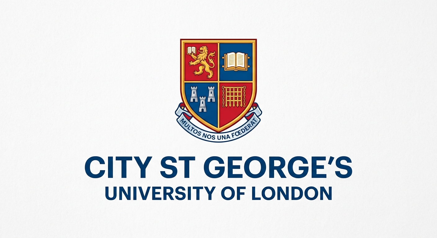 City St George's University of London official logo, shield crest with red and blue colors, university name text below