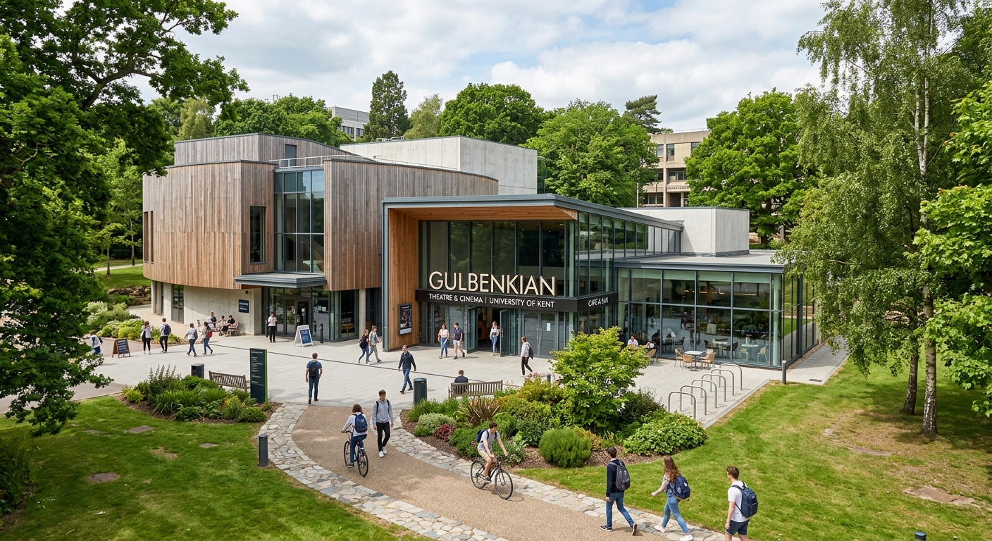 University of Kent Gulbenkian arts complex, theatre and cinema building with contemporary design, surrounded by trees and campus greenery