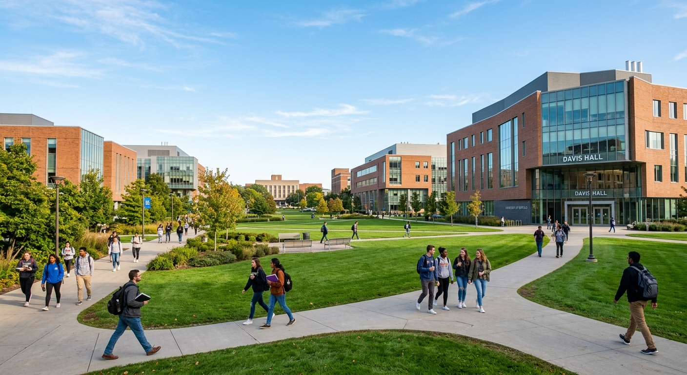 University at Buffalo campus with modern academic buildings, green lawns, and students walking along pathways under clear blue sky in Buffalo, New York