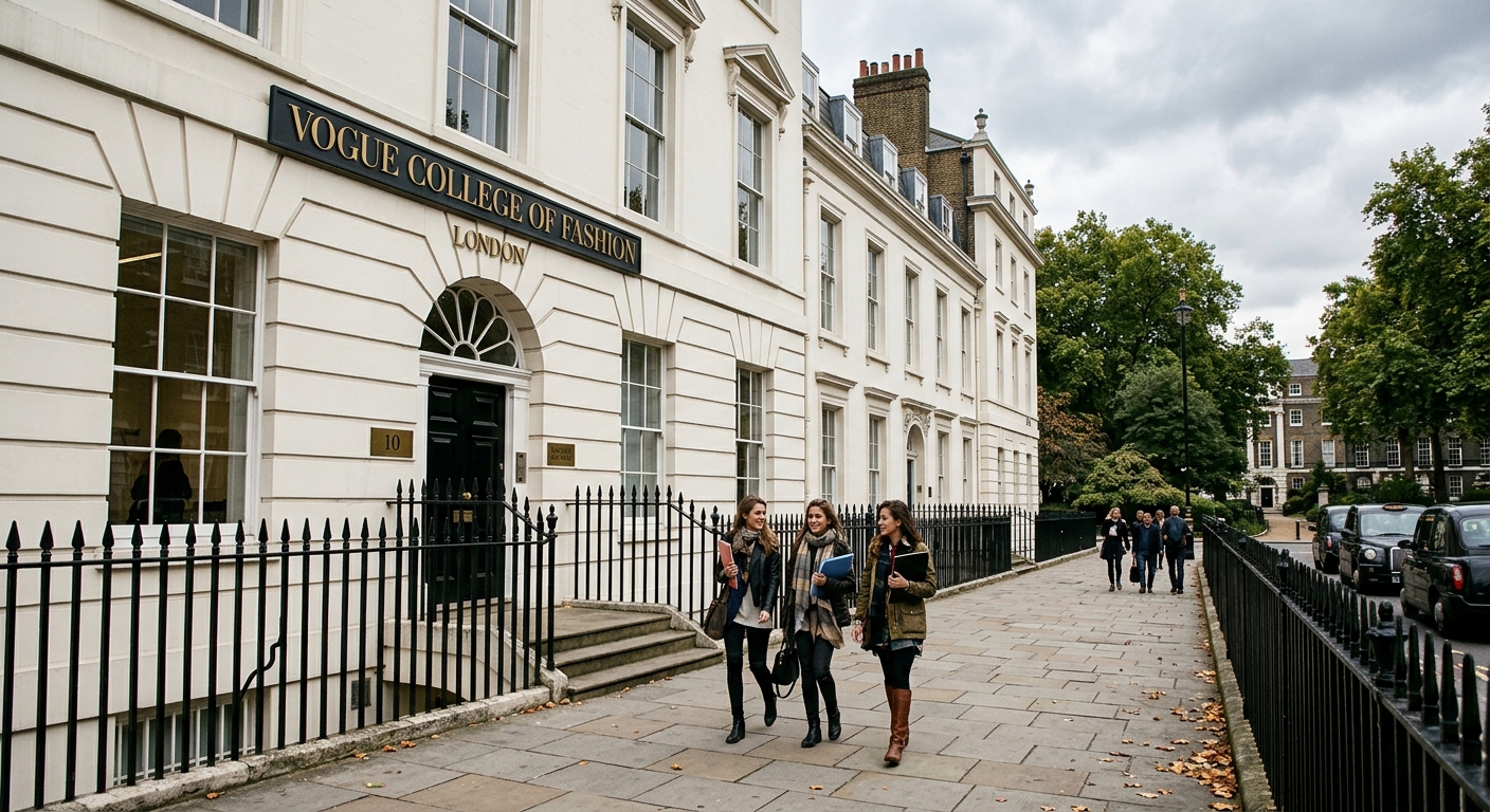 Vogue College of Fashion campus at Bedford Square London, elegant Georgian townhouse building with white facade and black iron railings, tree-lined square, overcast London sky, students walking along the pavement