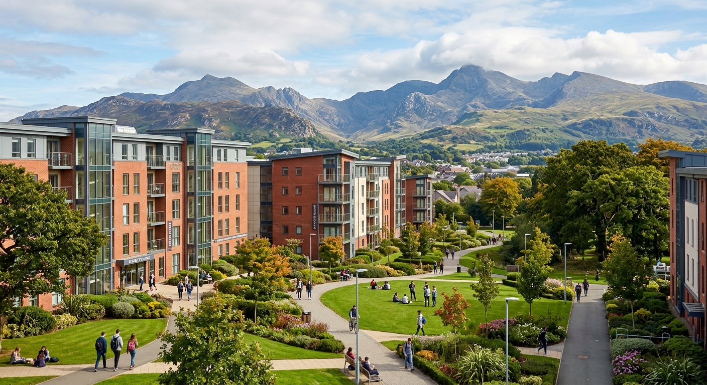 Bangor University student village with modern accommodation blocks surrounded by green spaces, with views of Snowdonia mountains in the background