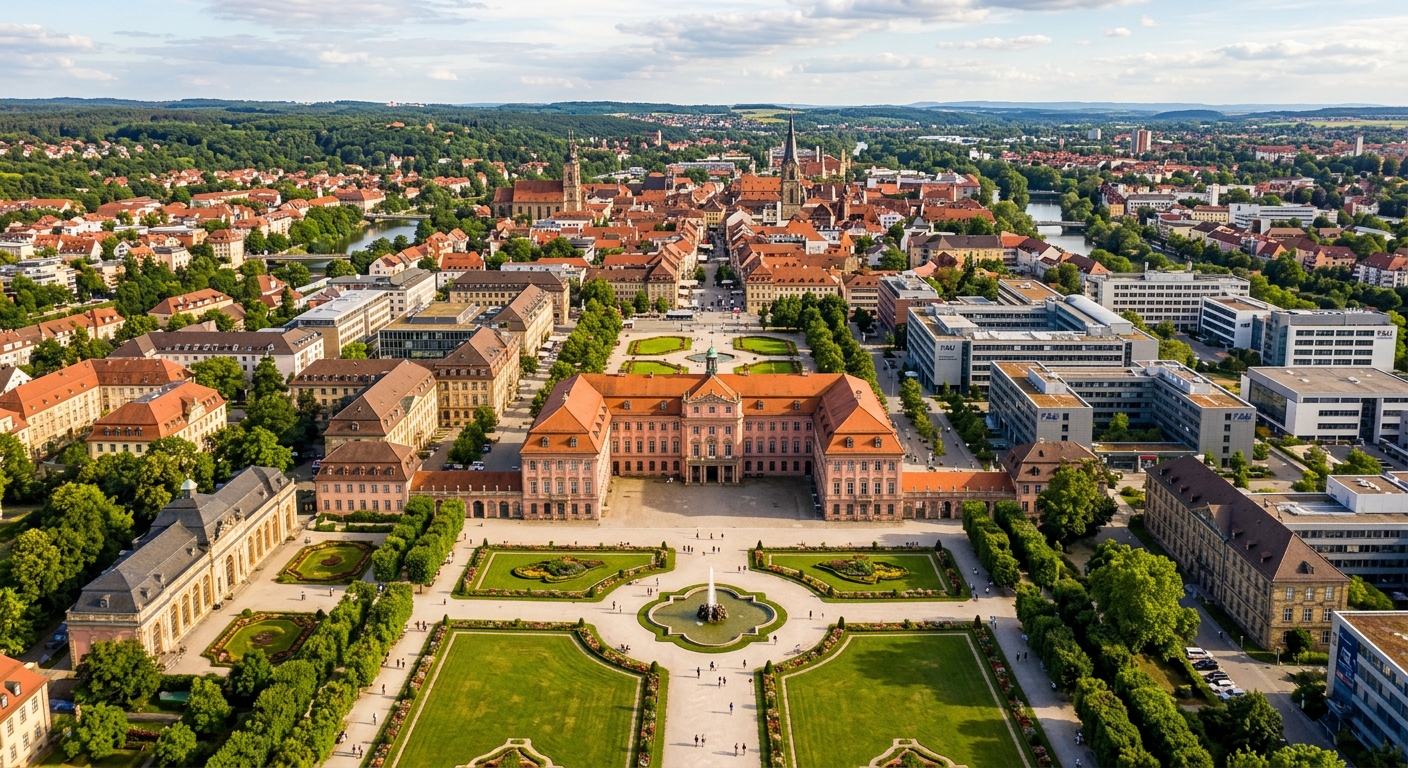 Aerial view of Friedrich-Alexander University Erlangen-Nuremberg main campus, historic Schloss Erlangen palace and Schlossgarten gardens in foreground, mix of baroque and modern university buildings, Erlangen cityscape, warm daylight