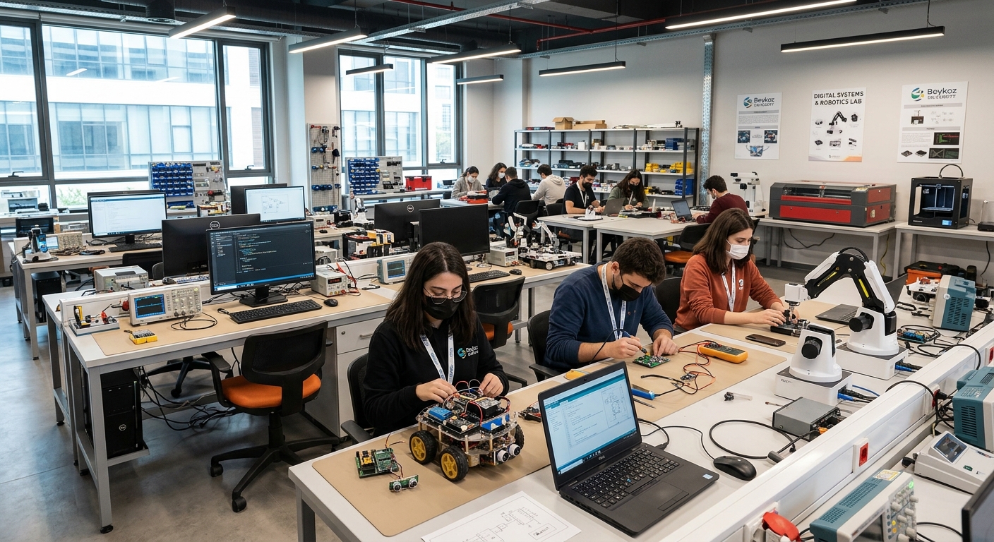 Beykoz University laboratory interior, students working with robotics equipment, digital systems lab, bright modern lighting, technical workspace