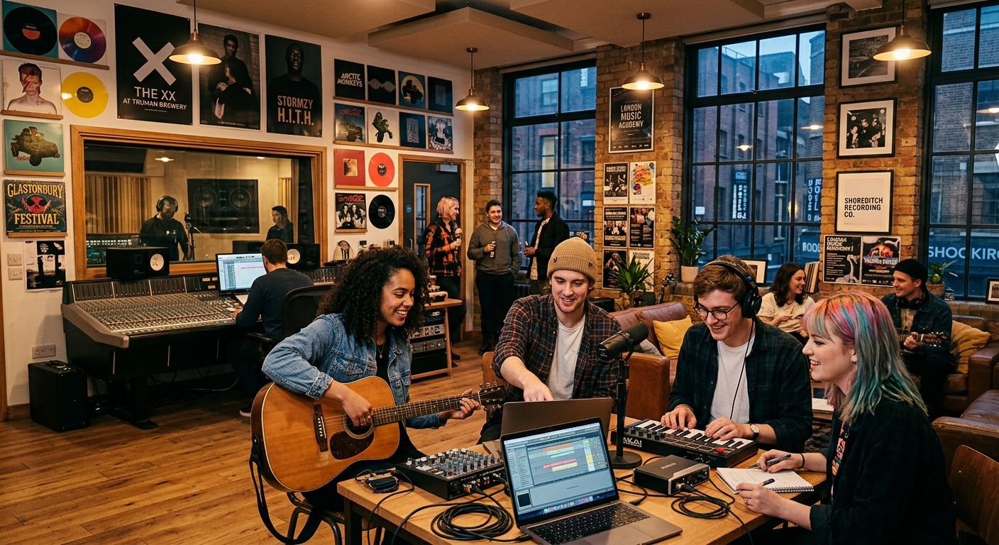 Modern music school campus in Shoreditch London, professional recording studio with mixing console, students collaborating in a creative workspace with music industry posters and vinyl records on walls, warm ambient lighting