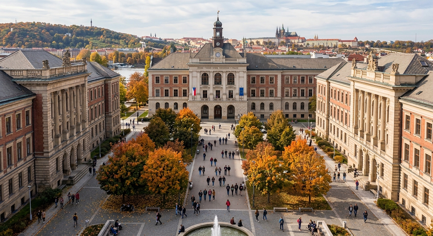 CTU Dejvice main campus, classical faculty buildings arranged around a central square, students walking between buildings, autumn foliage, Prague skyline in background