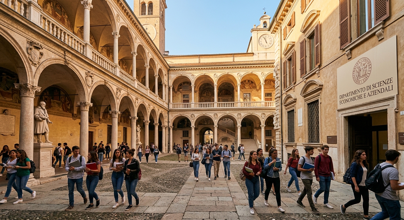 Historic University of Padua campus with arched colonnades and Renaissance architecture, students walking through Palazzo Bo courtyard, warm Italian sunlight, Department of Economics and Management building visible