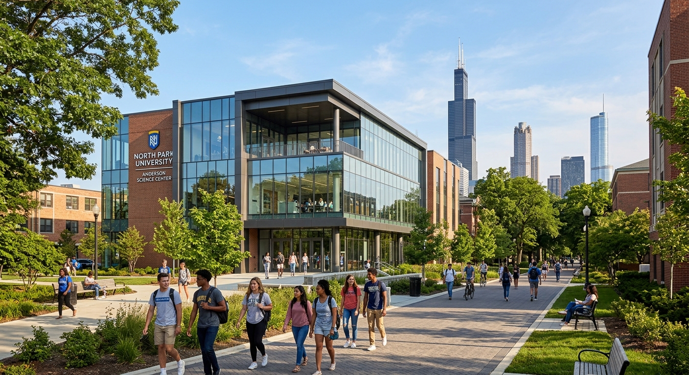Modern science building at North Park University in Chicago with glass facade, students walking on tree-lined campus paths, urban skyline visible in background, bright sunny day