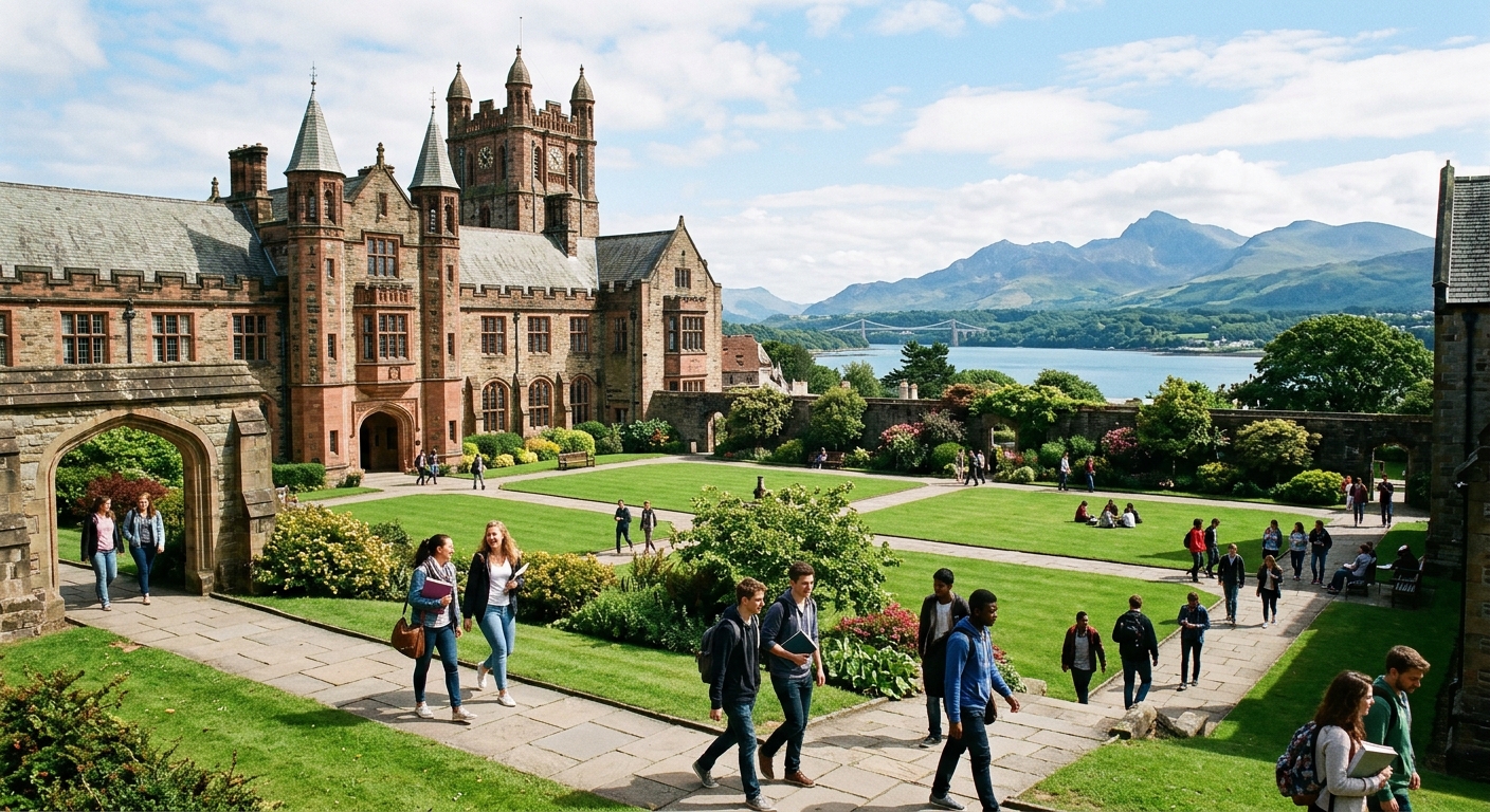 Historic Bangor University campus with Victorian stone buildings set against the backdrop of Snowdonia mountains and the Menai Strait, students walking through green courtyards on a bright day