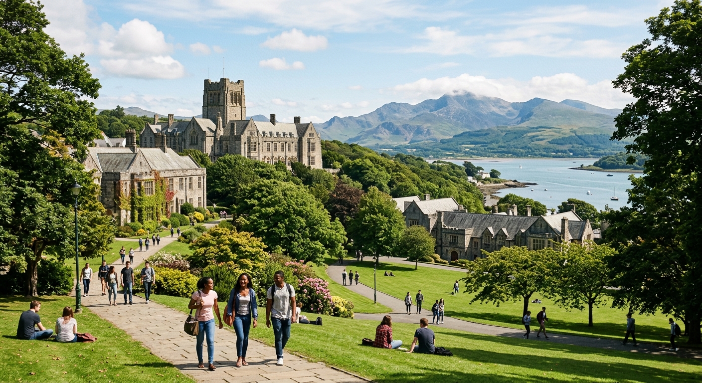 Bangor University campus with historic stone buildings set against the backdrop of Snowdonia mountains and the Menai Strait, students walking through green grounds on a bright day
