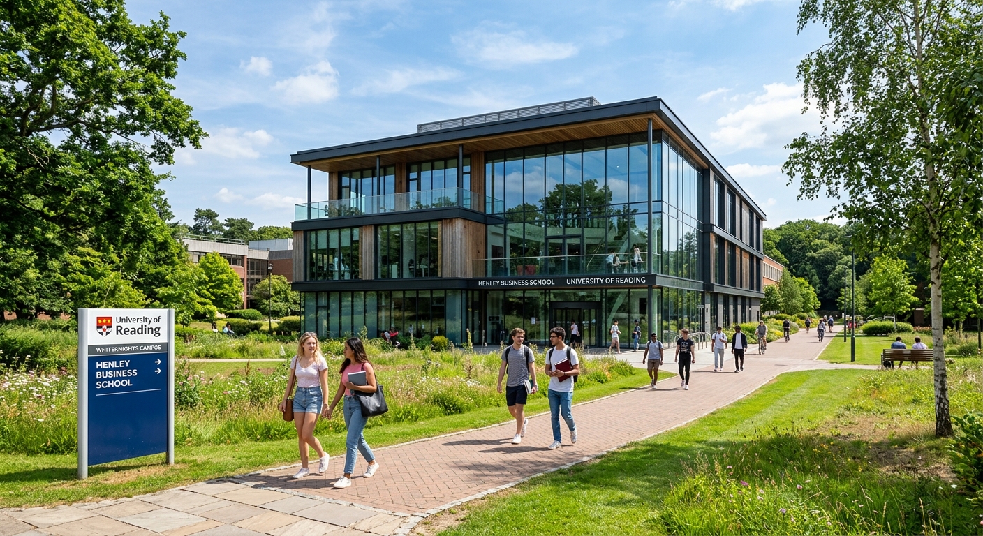 Henley Business School Whiteknights campus with modern glass-fronted business building surrounded by lush green parkland, students walking along pathways, University of Reading signage visible, bright English summer day