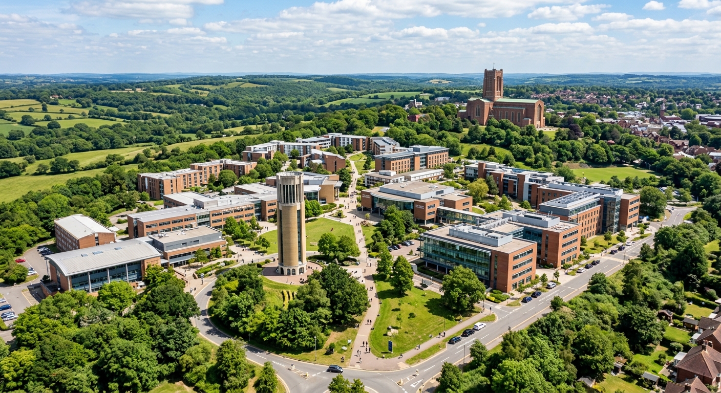 University of Surrey Stag Hill campus wide aerial view, modern academic buildings surrounded by lush green Surrey countryside, Guildford Cathedral visible in the background, bright daylight
