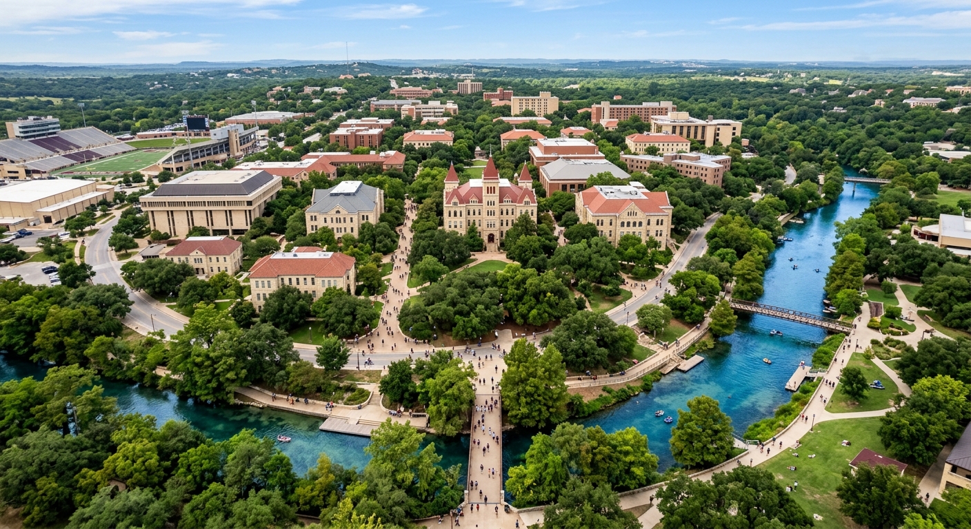 Aerial view of Texas State University campus in San Marcos with the San Marcos River winding through lush green grounds, historic limestone buildings, and students walking along tree-lined paths under a bright Texas sky