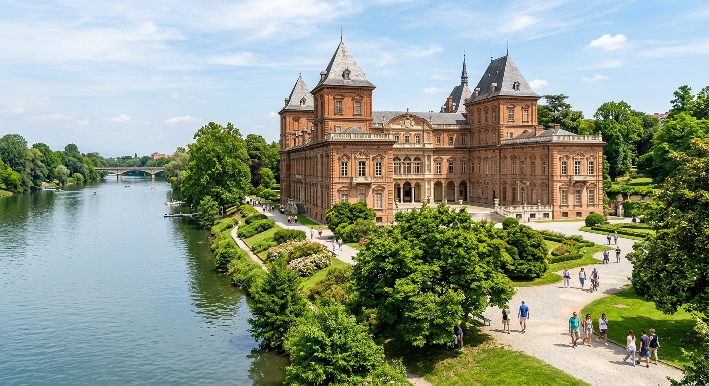 Valentino Castle exterior, 17th century Savoy palace on the banks of the River Po, green gardens, Renaissance architecture, sunny day in Turin