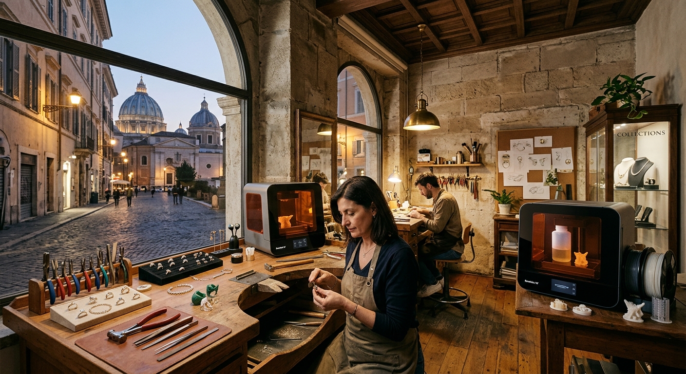 Elegant jewelry design studio in Rome with workbenches displaying handcrafted contemporary jewelry pieces, goldsmith tools, wax models, and a 3D printer, warm ambient lighting with Italian architectural details visible through arched windows
