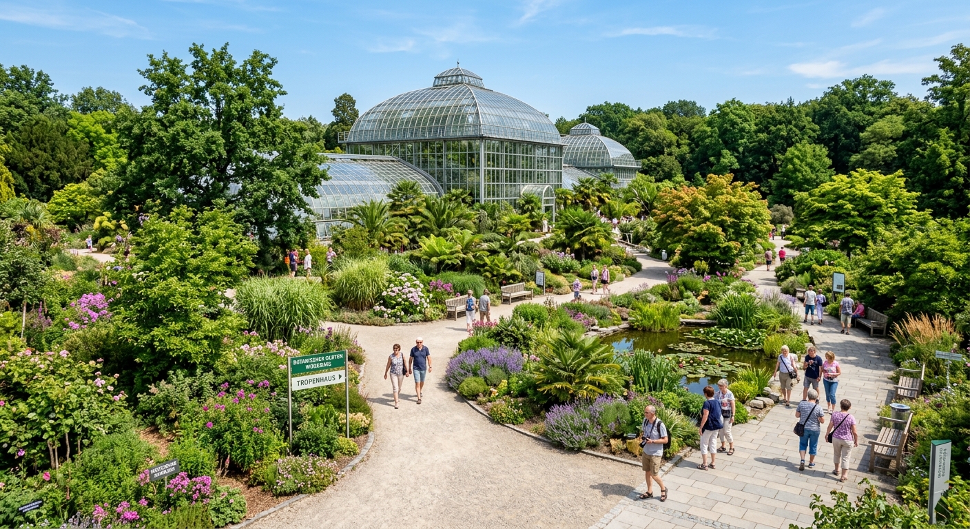 University of Würzburg Botanical Garden with lush greenery, tropical greenhouse structures, diverse plant species, walking paths, and visitors exploring the nine-hectare grounds