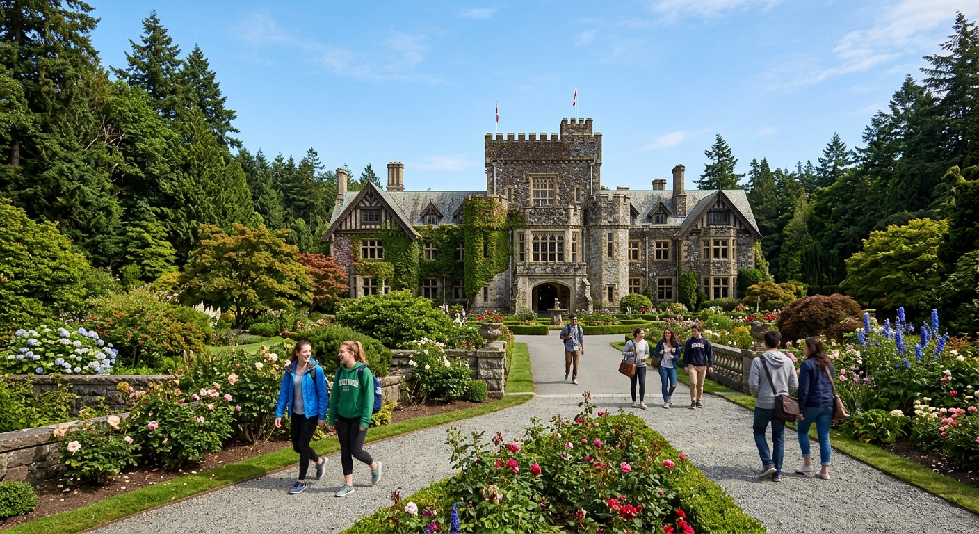 Historic Hatley Castle at Royal Roads University campus in Victoria, British Columbia, surrounded by lush gardens and Pacific Northwest forest, with students walking along pathways under clear skies