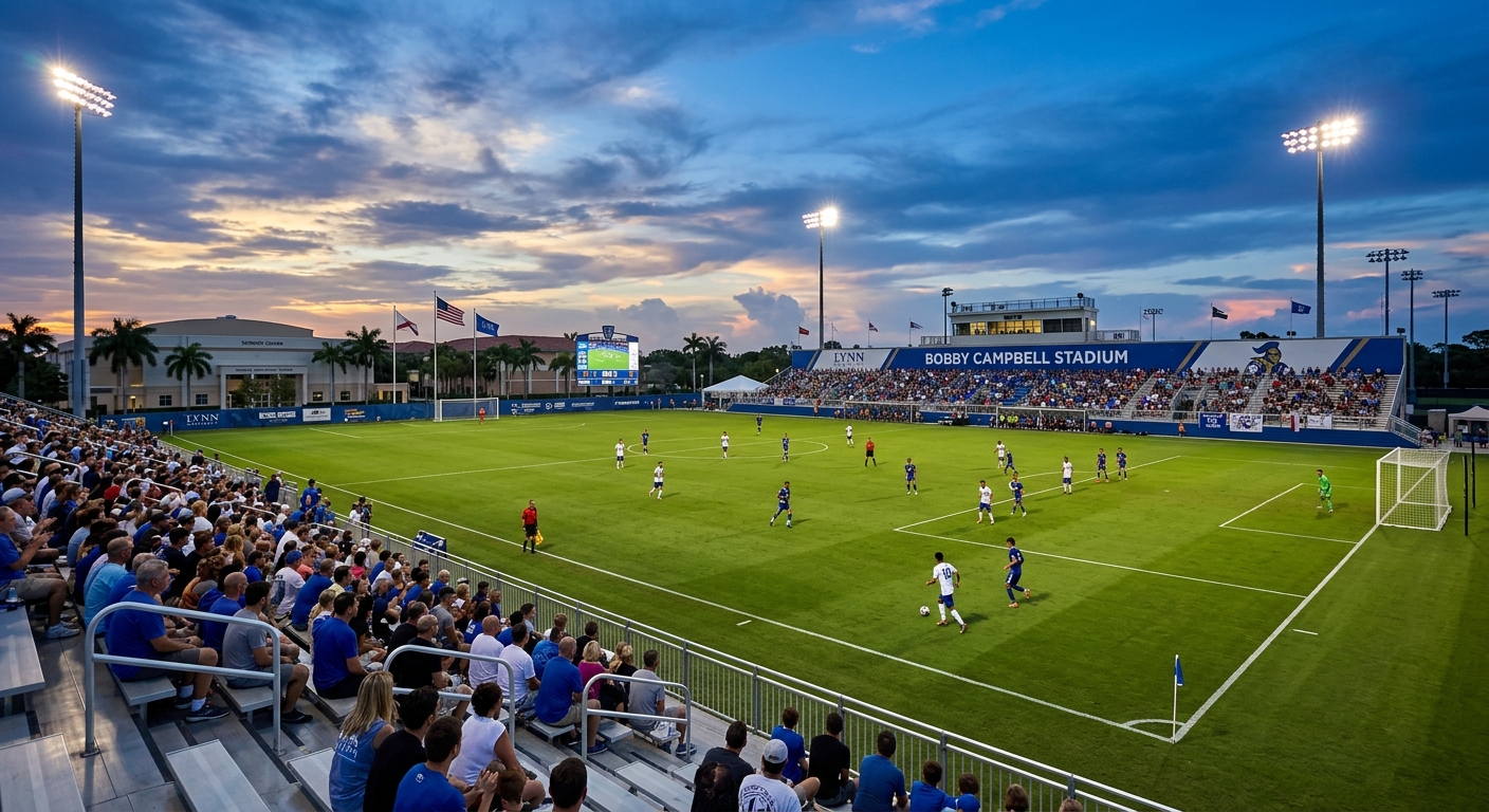 Bobby Campbell Stadium at Lynn University, lighted soccer field with Bermuda grass, spectator seating, Florida blue sky