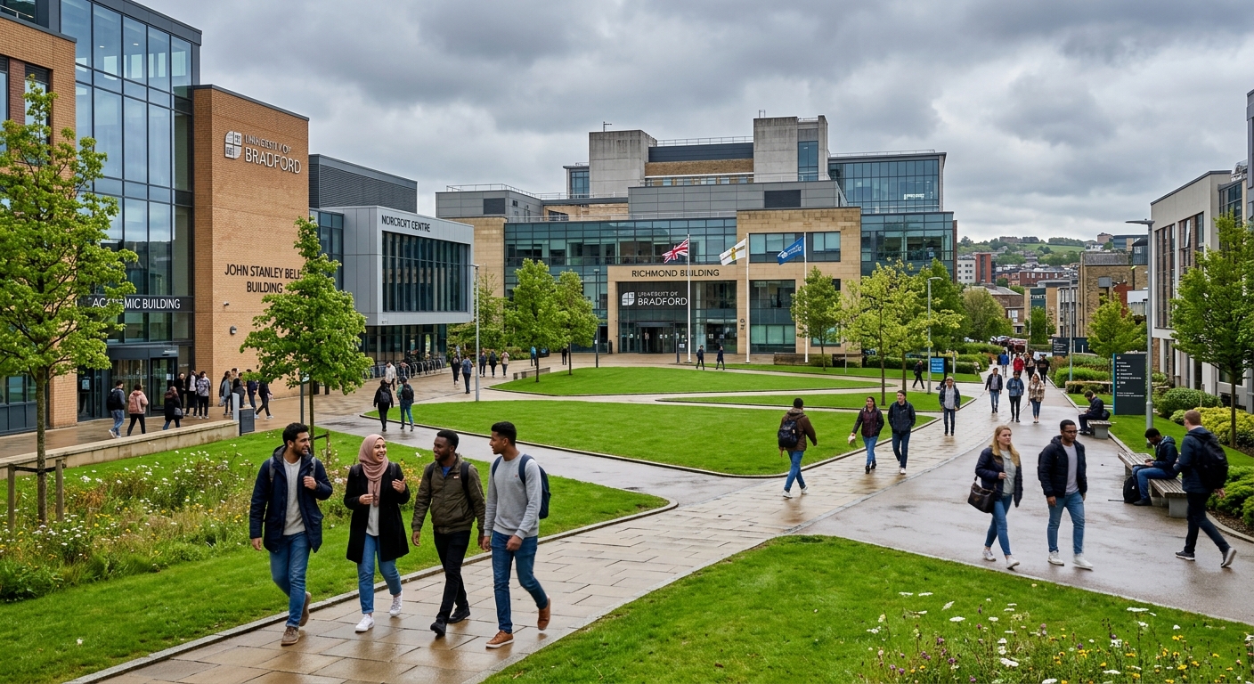 University of Bradford campus in West Yorkshire, modern academic buildings with green spaces, students walking along pathways, overcast British sky, welcoming and inclusive atmosphere
