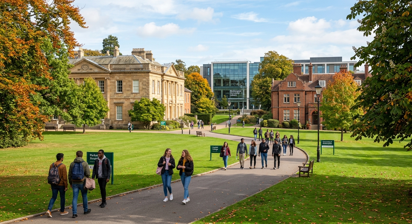 University of Roehampton campus in southwest London with green parkland, historic college buildings, students walking along tree-lined paths, modern academic facilities visible in the background