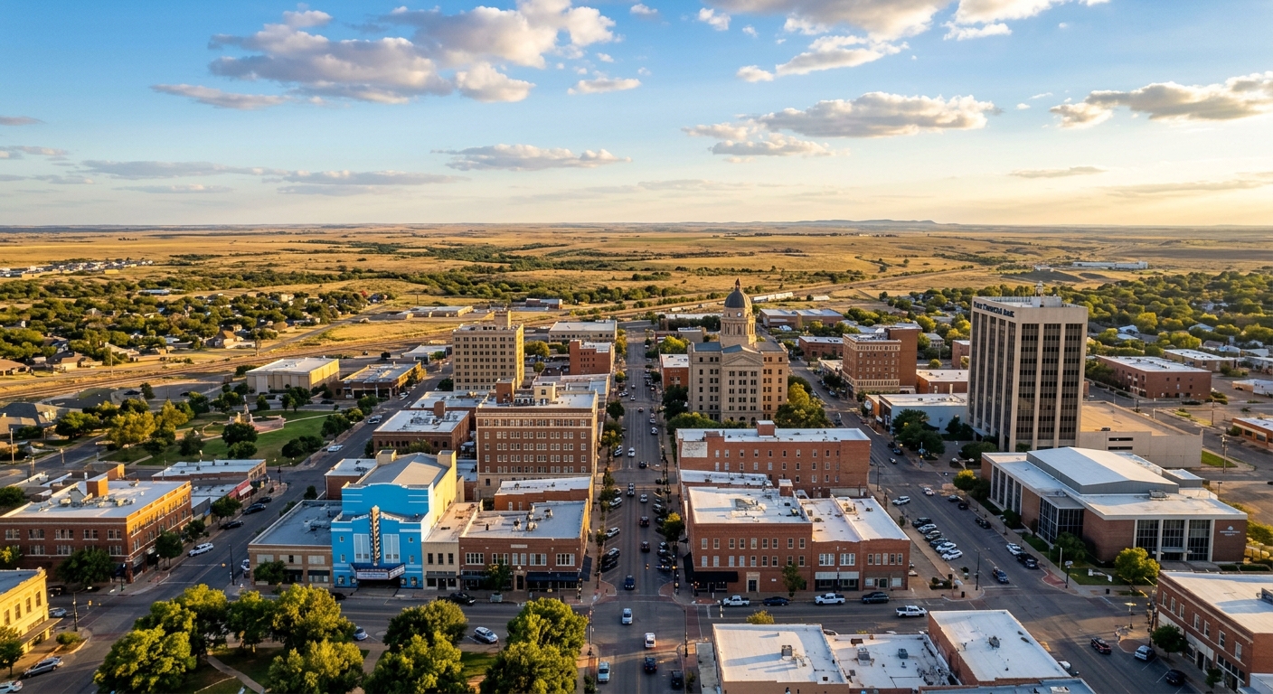 Abilene Texas cityscape, downtown buildings, wide open West Texas plains in background, blue sky with scattered clouds, warm golden light, small city charm