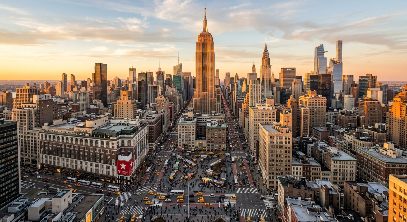 Aerial view of Herald Square and midtown Manhattan New York City, Empire State Building towering above, busy 34th Street with pedestrians and traffic, iconic urban skyline at golden hour