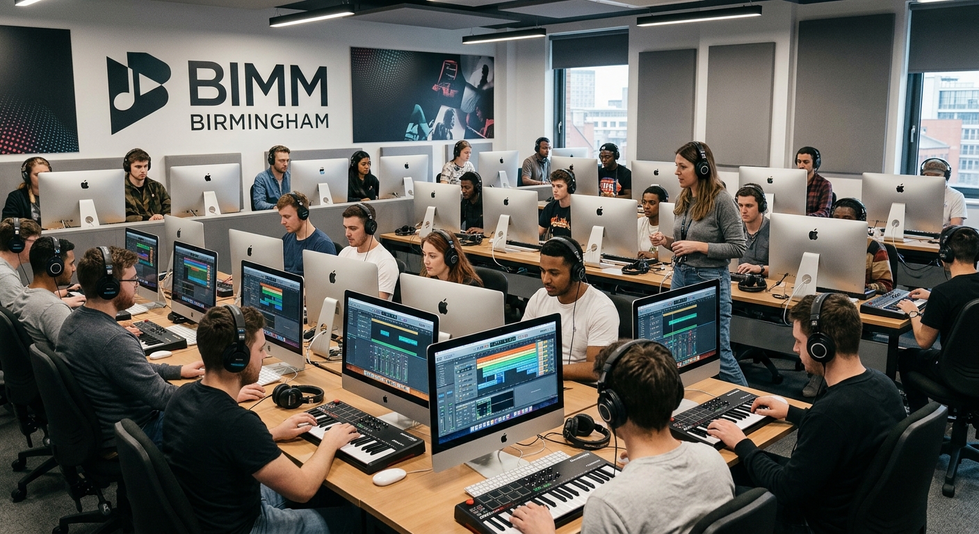 BIMM Birmingham modern teaching room with rows of Mac workstations, music production software on screens, students wearing headphones working on projects