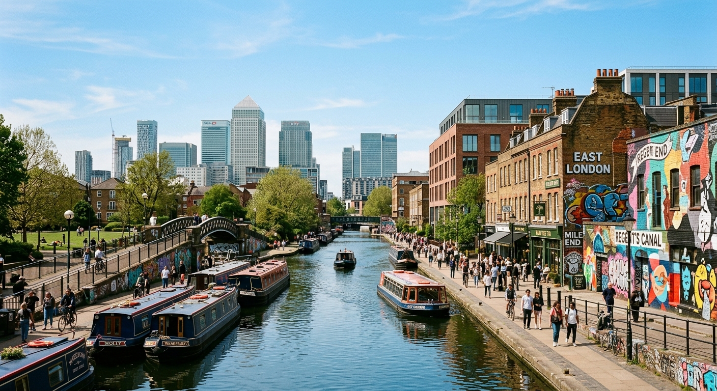 East London cityscape, view of Canary Wharf skyline from Mile End, Regent's Canal with narrowboats, vibrant street art on brick walls, diverse urban neighbourhood, clear sky