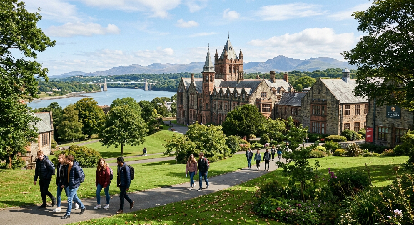 Bangor University campus with historic stone buildings set against the backdrop of Snowdonia mountains and the Menai Strait, North Wales coastline, students walking through green grounds under clear skies