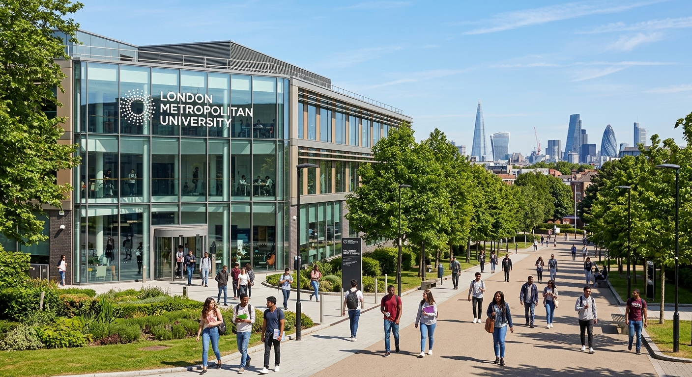Modern London Metropolitan University Holloway campus building with glass facade, students walking along tree-lined pathway, London cityscape in background, clear sky, professional academic atmosphere