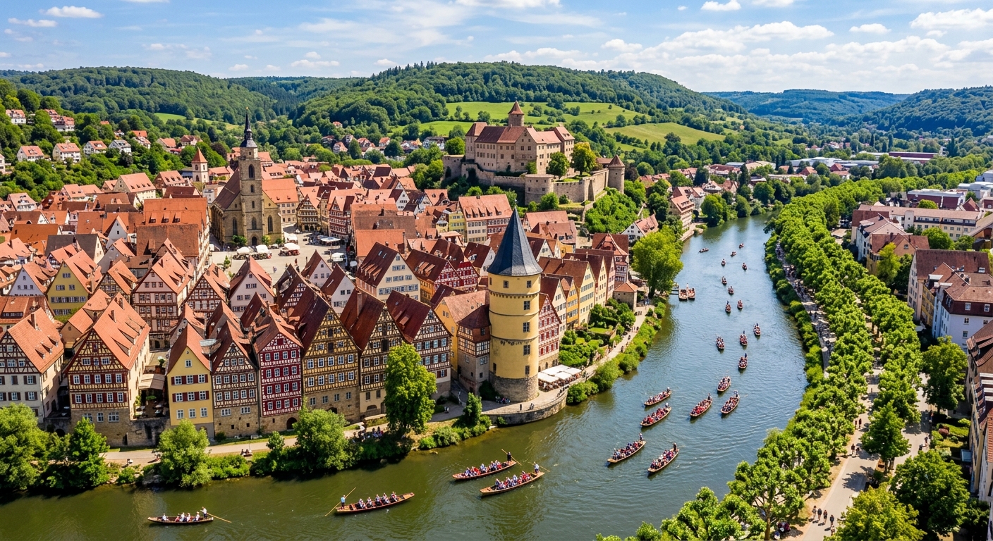 Aerial view of the charming old town of Tübingen with colorful half-timbered houses along the Neckar River, traditional punting boats on the water, the Hölderlinturm tower, and green hills of the Swabian Alb in the background