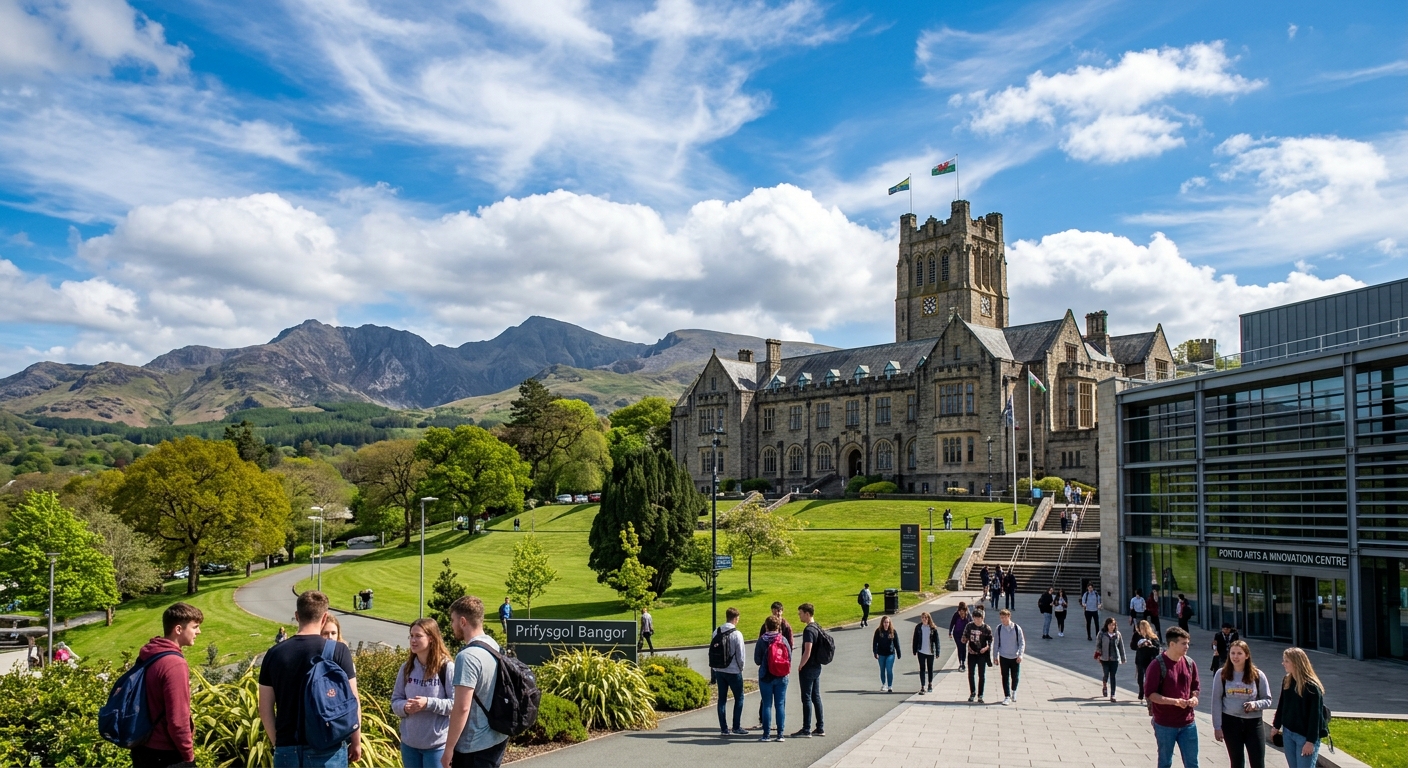 Bangor University historic main building with mountains of Snowdonia in the background, green campus grounds, students walking near the Pontio Arts Centre, dramatic Welsh landscape with blue sky