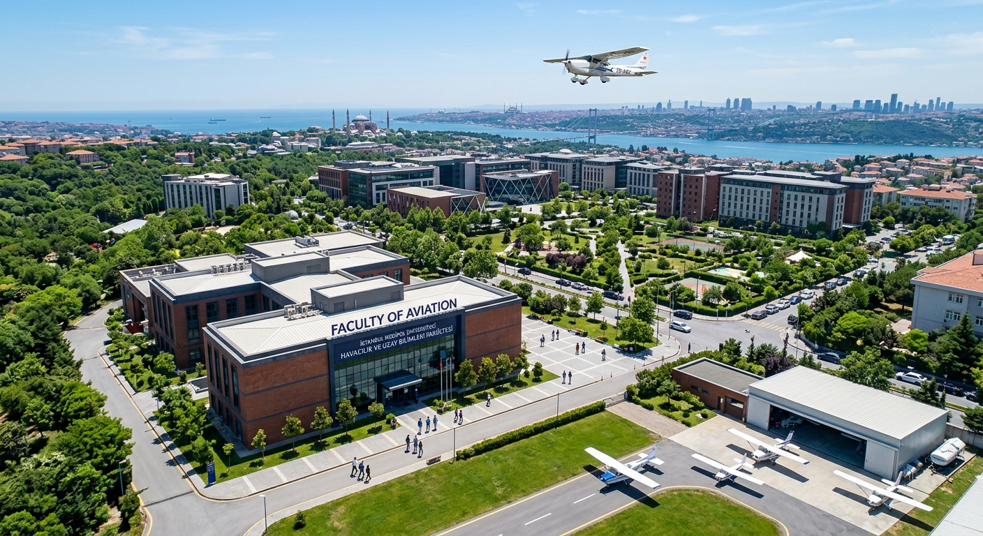 Aerial view of a modern university campus with green surroundings in Istanbul, a small training aircraft flying overhead, clear blue sky, students walking near the Faculty of Aviation building