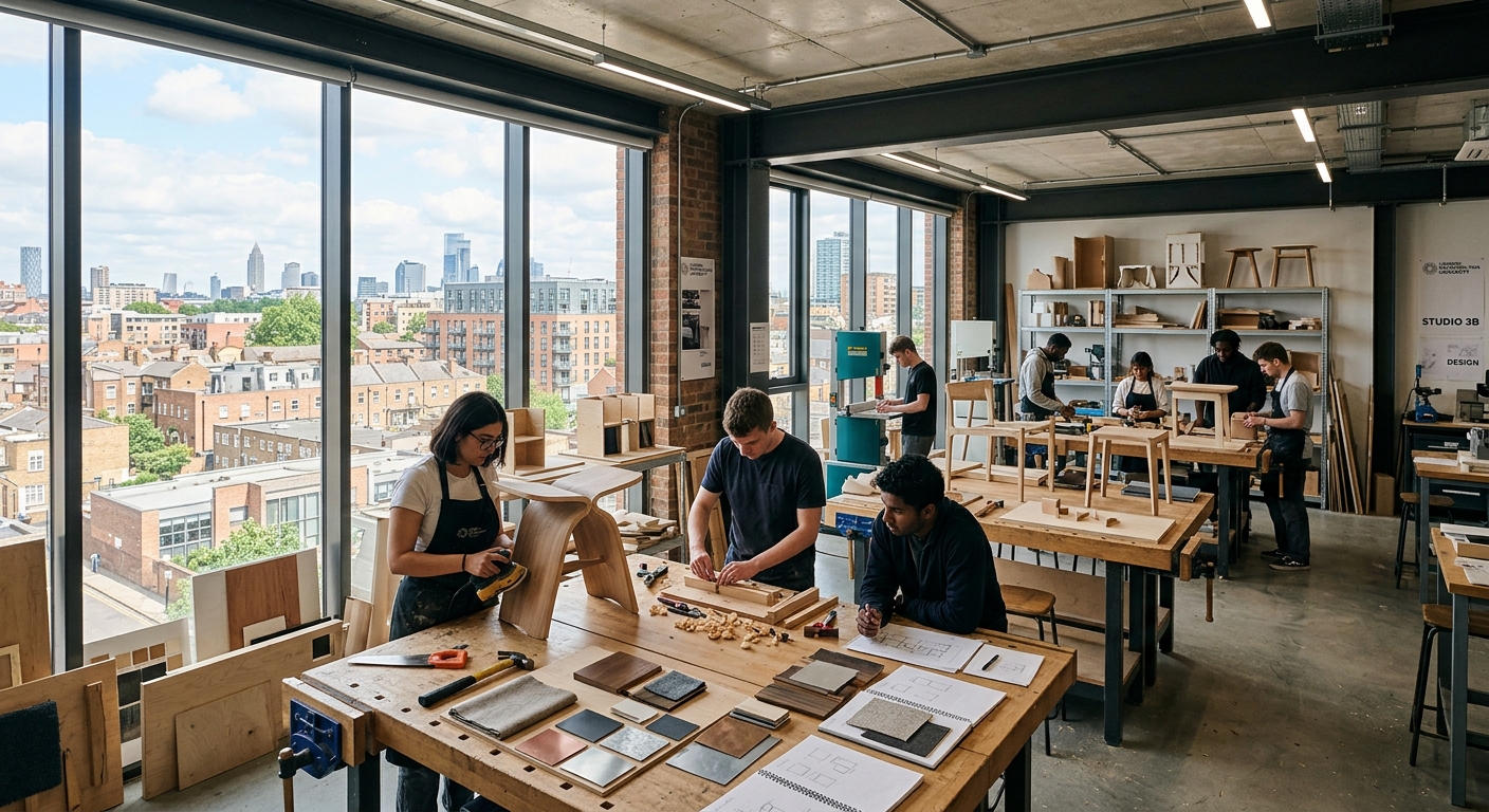 Modern design studio at London Metropolitan University with students working on furniture prototypes, wooden models and material samples on workbenches, large windows letting in natural light, east London urban backdrop visible