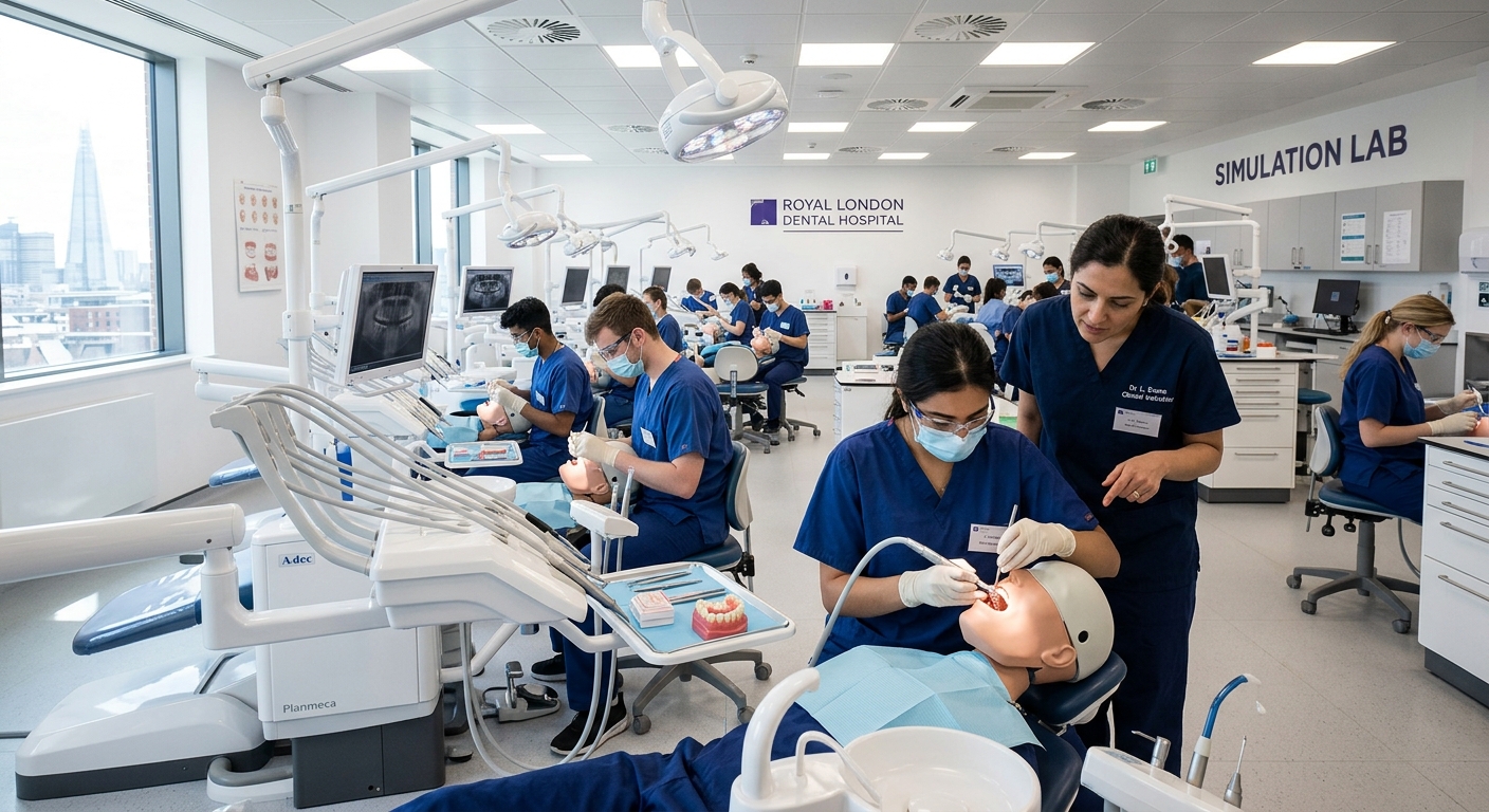Modern dental training facility at the Royal London Dental Hospital, students practicing clinical procedures in a state-of-the-art simulation lab with dental chairs, bright clinical lighting, and professional dental equipment