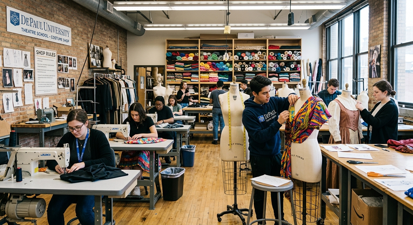 DePaul University Theatre School costume workshop in Chicago, students working at industrial sewing machines and dress forms, colorful fabric bolts on shelves, bright professional lighting, collaborative creative atmosphere