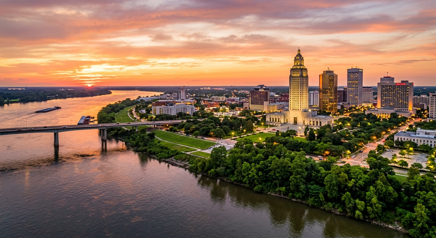 Baton Rouge Louisiana cityscape at sunset with Mississippi River, Louisiana State Capitol building, downtown skyline, lush green trees and warm southern atmosphere