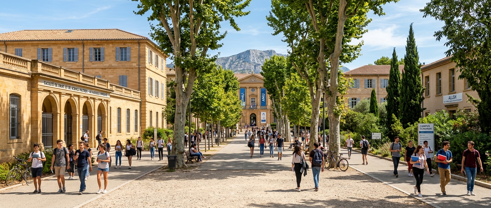 Panoramic view of Aix-en-Provence Schuman campus with Provençal architecture, tree-lined avenues, and students walking between faculty buildings under bright Mediterranean sunshine