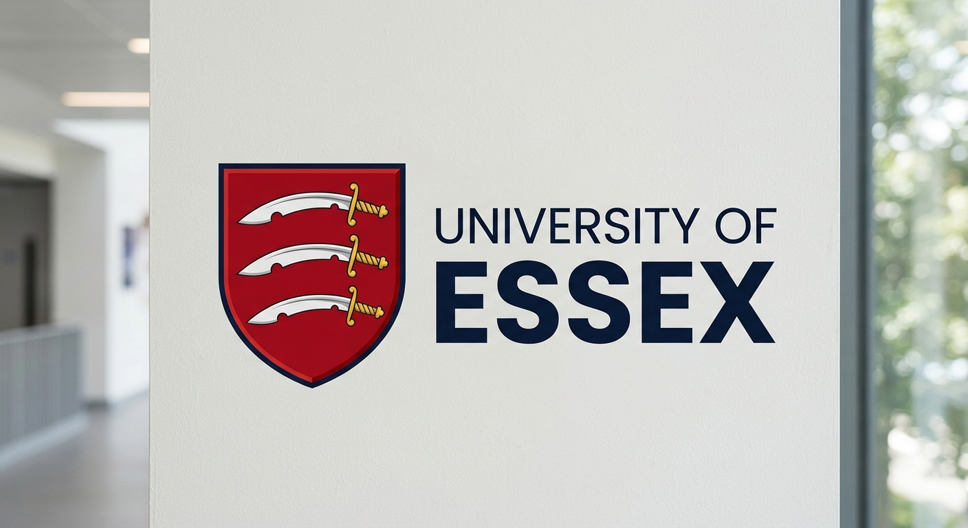 University of Essex official logo featuring the historic shield with three Saxon seaxes on a red background, university name in modern typography