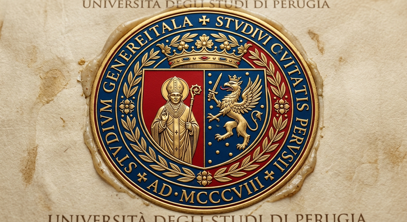 University of Perugia official seal featuring Saint Herculan and a crowned rampant griffin on a blue and red crest with Latin inscription