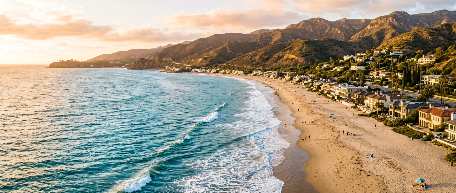 Malibu California coastline panorama, golden sandy beach with turquoise Pacific Ocean waves, Santa Monica Mountains in background, luxury beachfront homes, warm golden hour sunlight