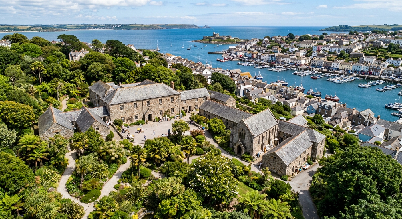 Falmouth Campus surrounded by subtropical gardens, historic stone buildings housing art studios, narrow streets of Falmouth town centre visible nearby, coastal atmosphere
