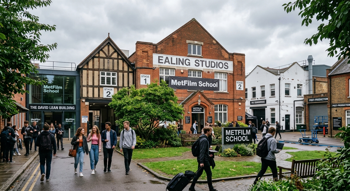 MetFilm School campus at Ealing Studios in West London, historic film studio buildings with modern additions, green courtyard area, students walking between production buildings, overcast British sky