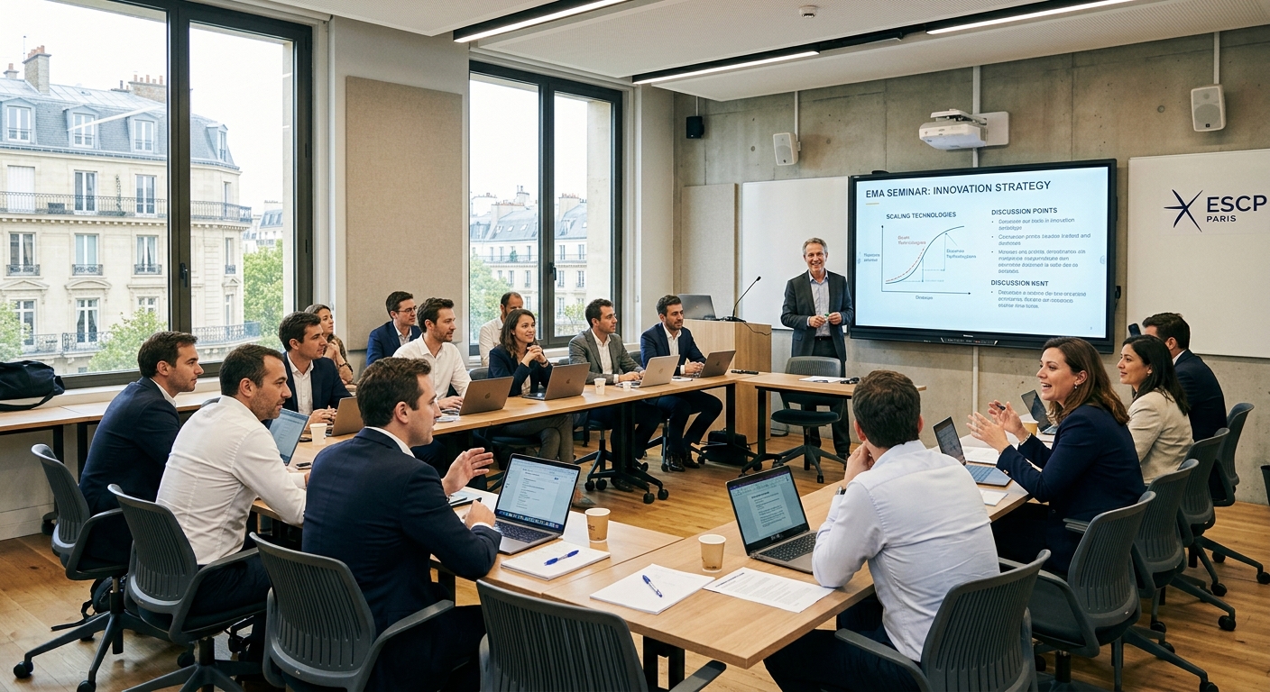 Modern EMA classroom in Paris with interactive whiteboard, ergonomic seating arranged in seminar style, natural light through large windows, students engaged in discussion